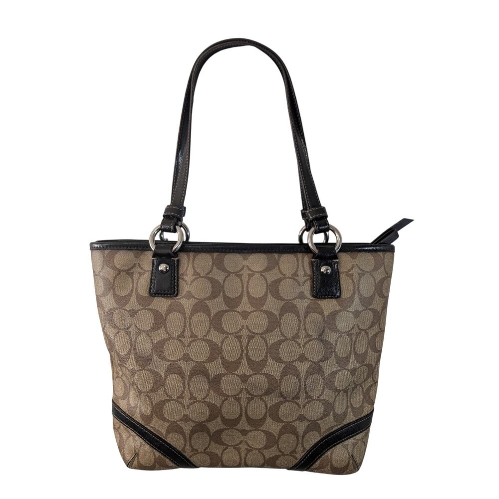 COACH! LUXE BROWN GENUINE LEATHER & TAN MONOGRAM PEYTON HANDBAG, PURSE, BAG! - Picture 8 of 14